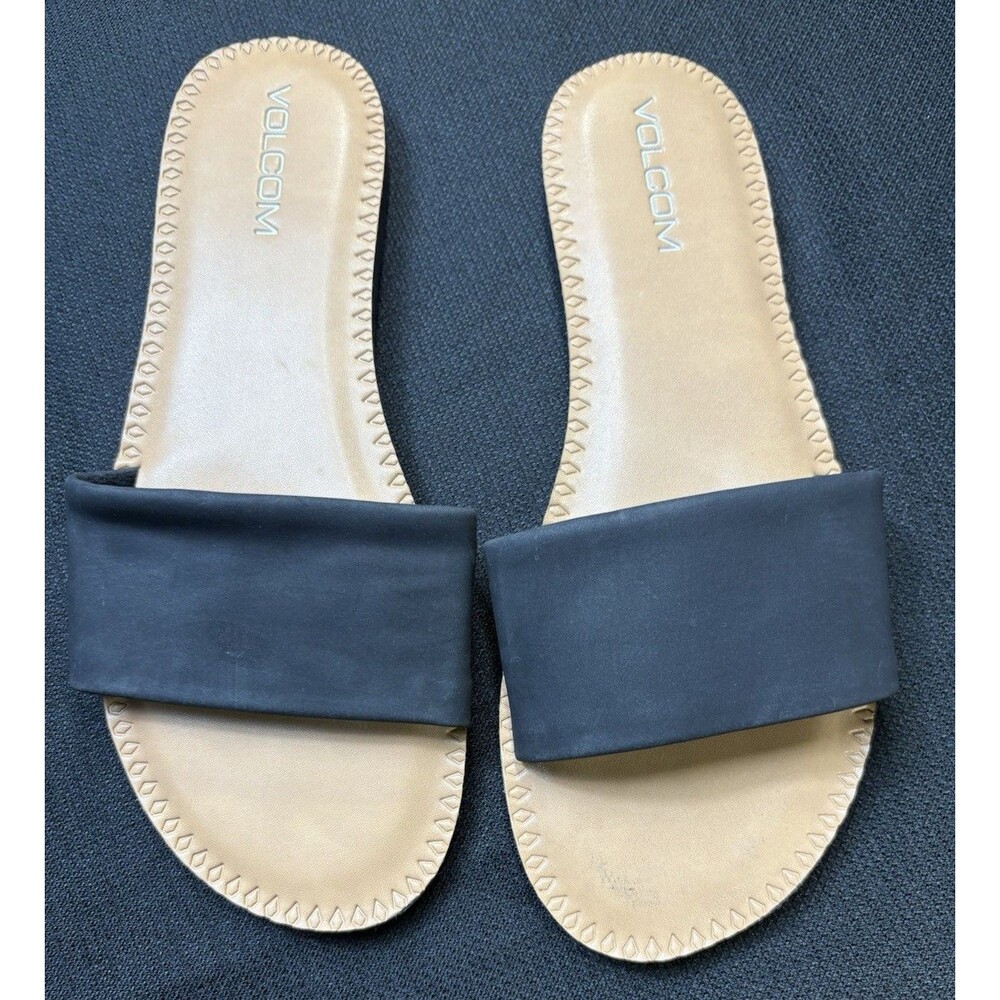 Volcom Black Beige Slide Sandals Logo Strap Slip On Womens US 8 EU 39 UK 6